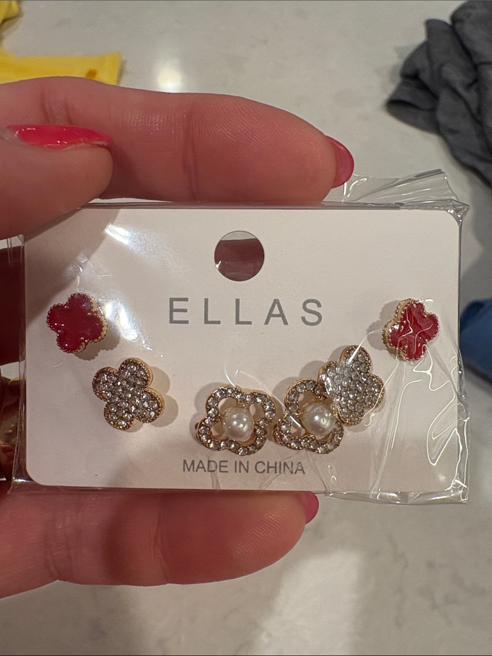 Ella Gold-Tone Floral Stud Earring Set with Red Accents and Pearls